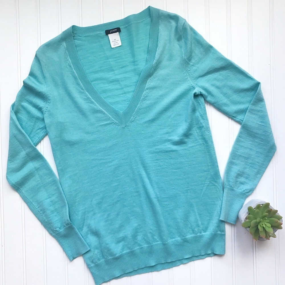 J.Crew Tippi Sweater XS – Pale Teal Merino Wool Deep V-Neck Pullover